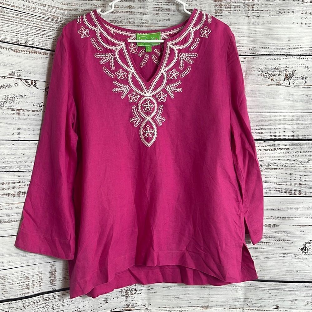 Pappagallo‎ Top Womens Sz Small Beaded Embroidered Linen Boho Tunic Beach Resort